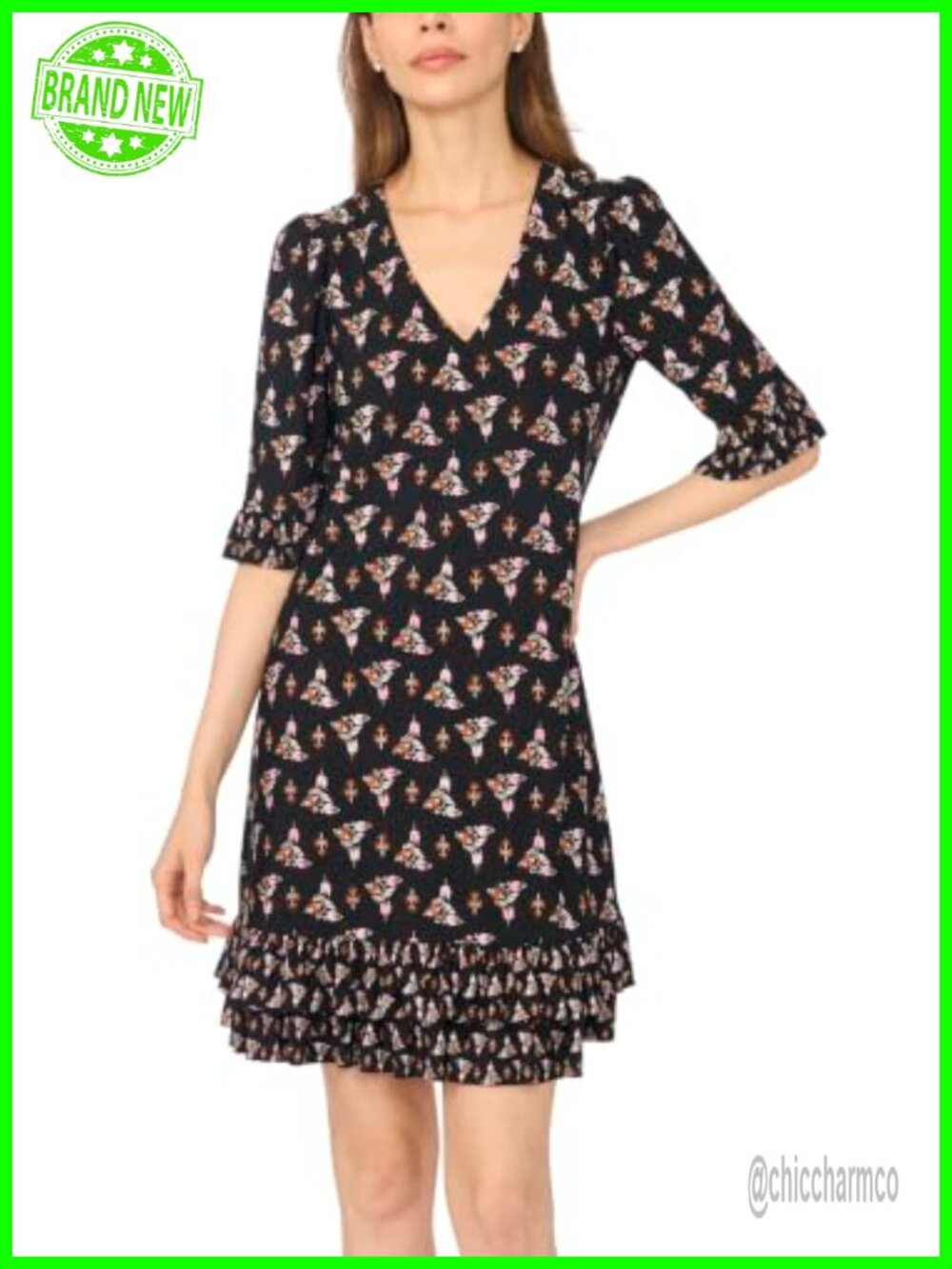 CeCe V-Neck Knit Midi Dress Ruffle Hem Short Sleeve Casual